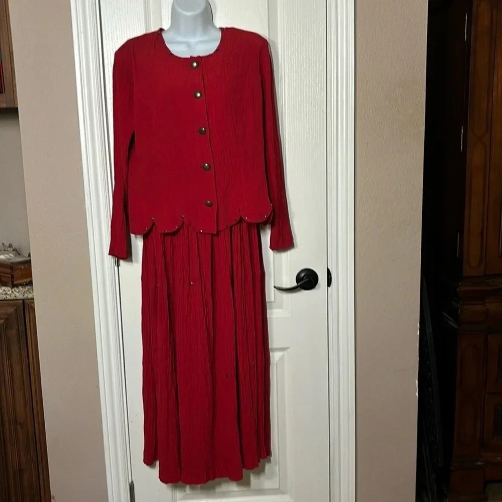 Stonebridge Petites Red Maxi Western Long Sleeved Broomstick Pleated Dress 12P